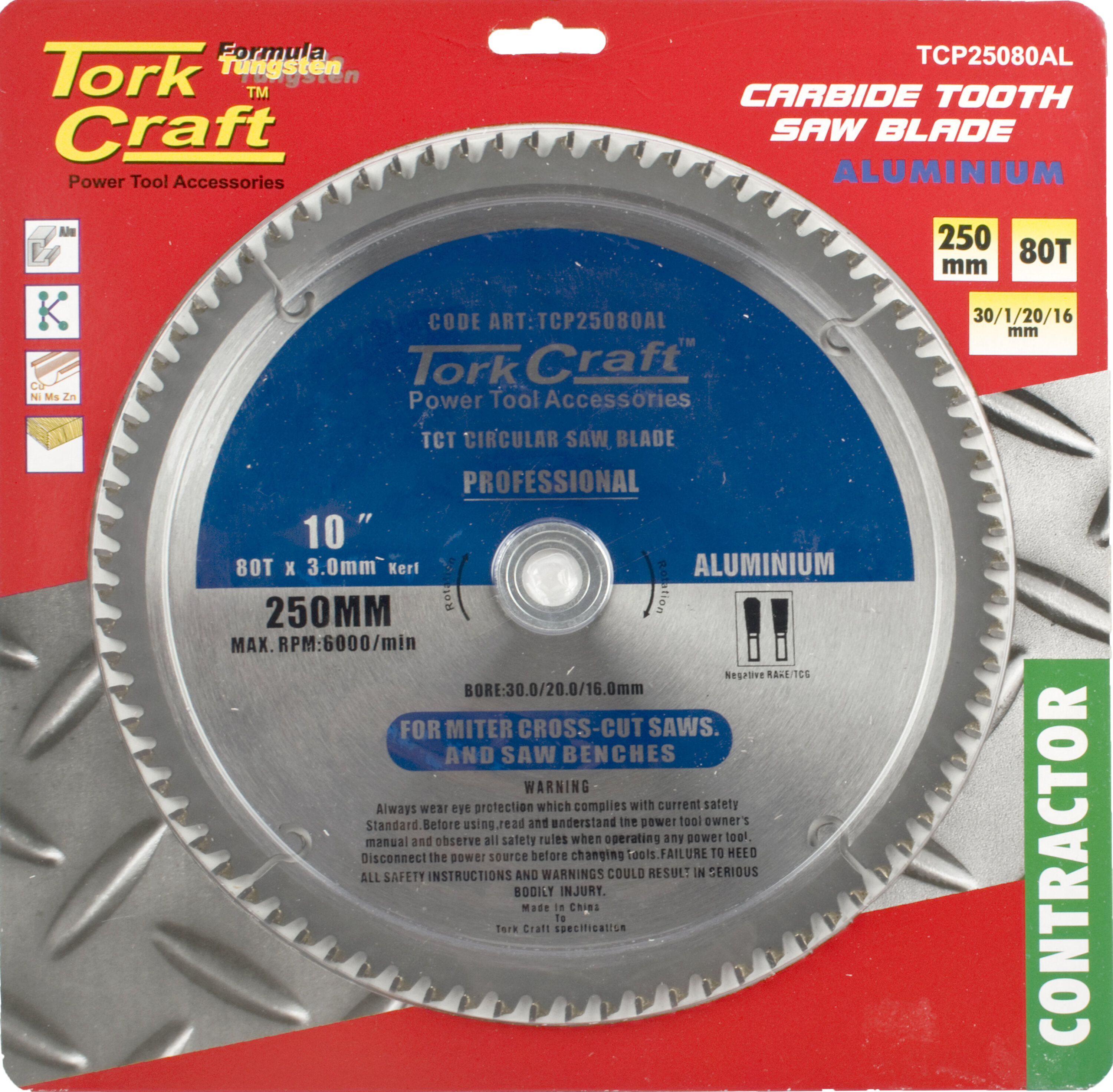 Tork Craft Blade Circular Saw TCT 250x80T 16/20/30 Aluminium TCP25080A