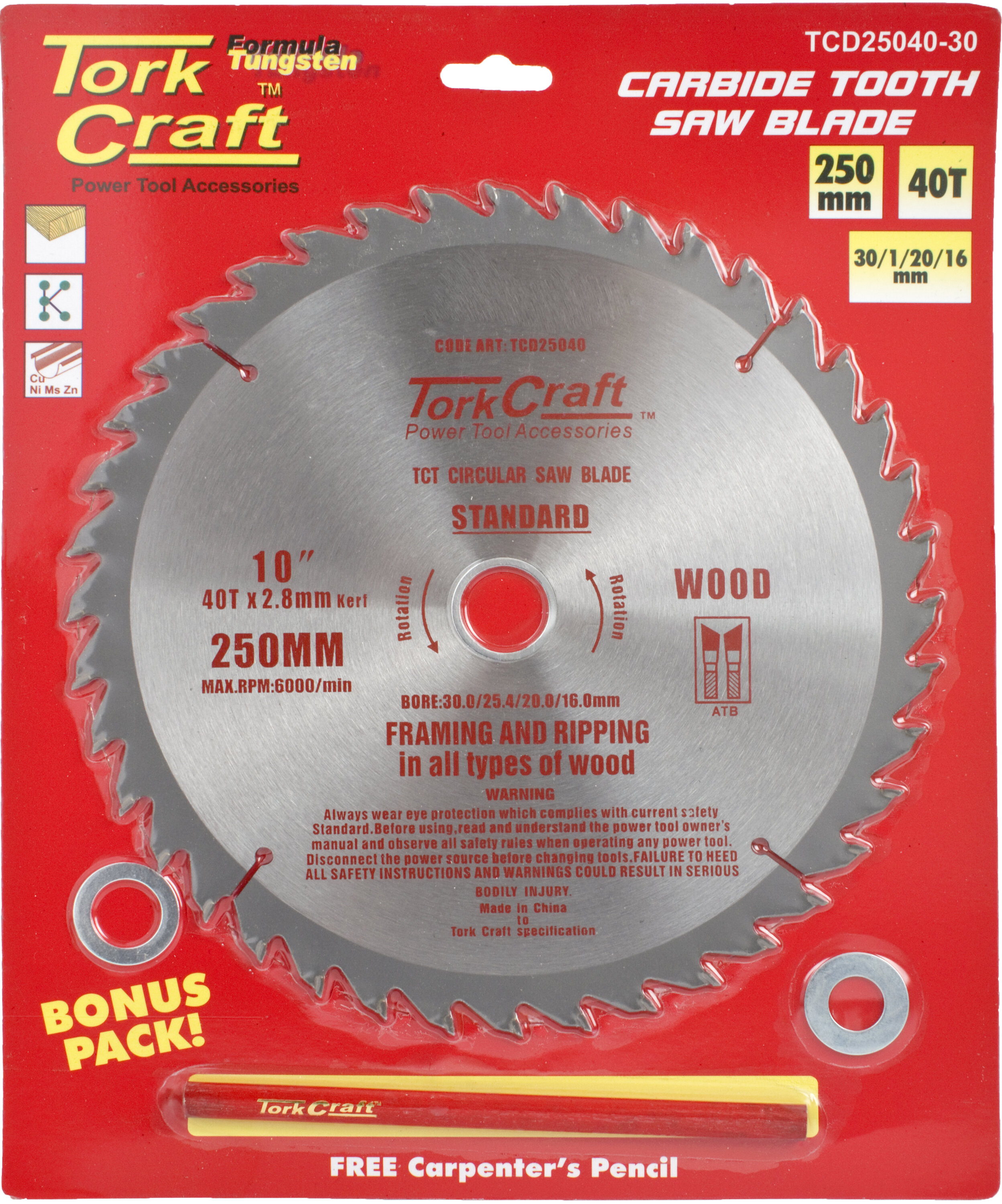 Tork Craft Blade Circular Saw G.P 250x 40T 30/20/16 TCD25040-29
