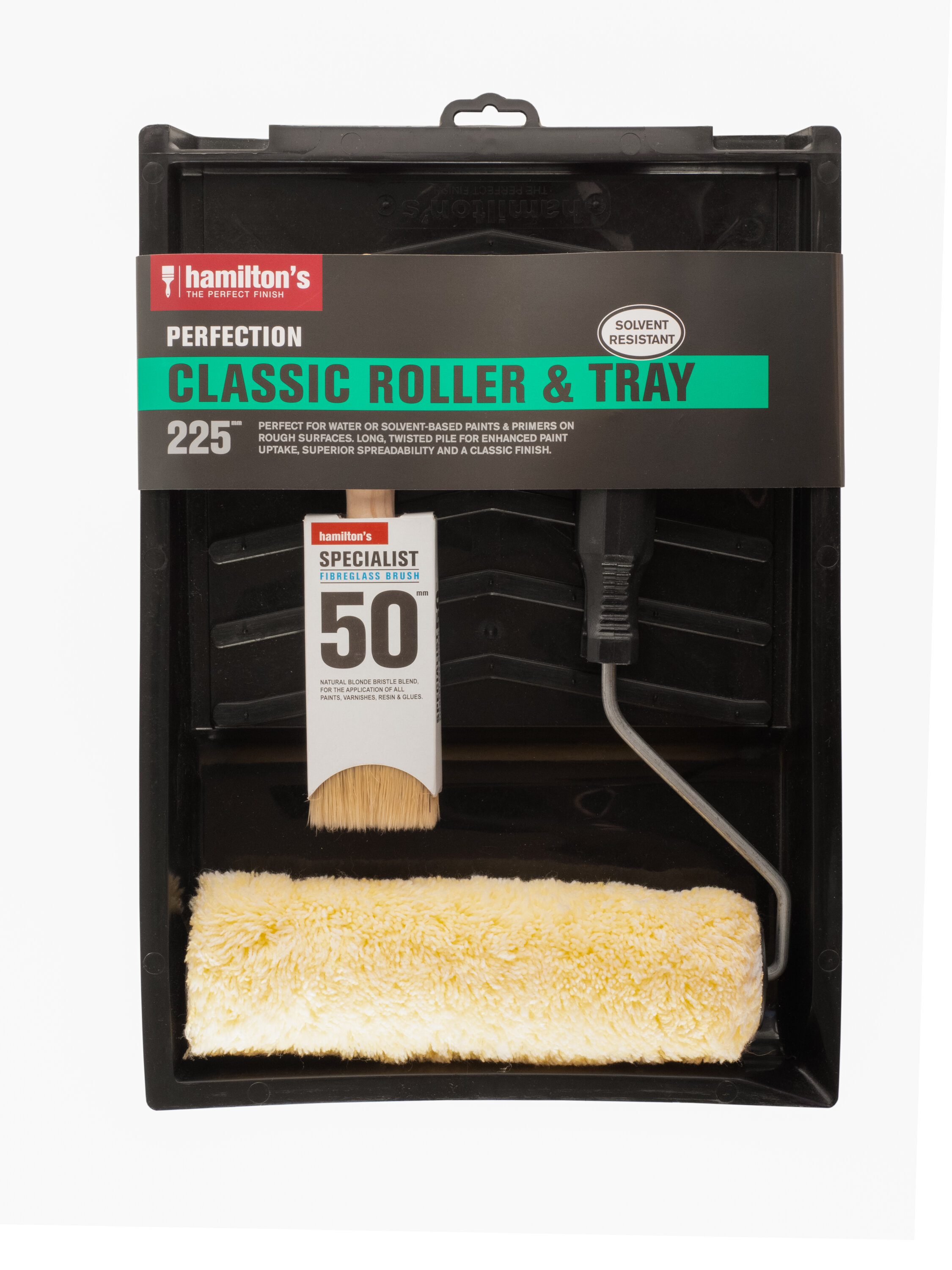 Paint Roller Classic 225mm & 50mm Fibre Brush Tray Set Hamilton 722
