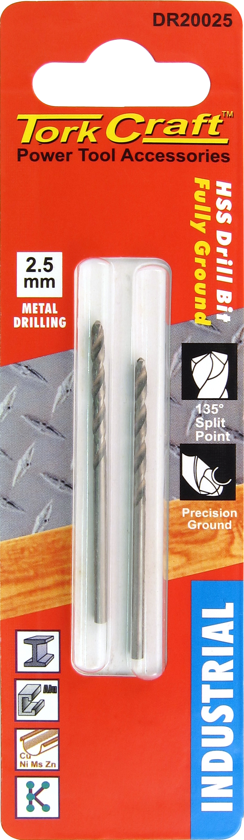 Tork Craft Drill Bit HSS Industrial 135 Deg 2.5mm (2) Card DR20024