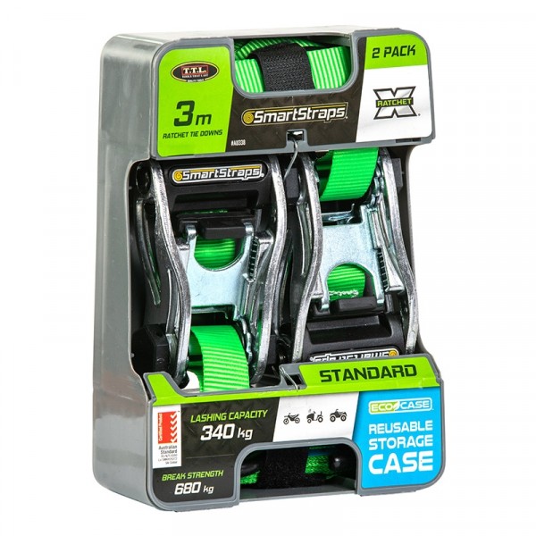 Tie Down Ratchet 2.5m Pad X Green Smart Straps (2) AO625/7720